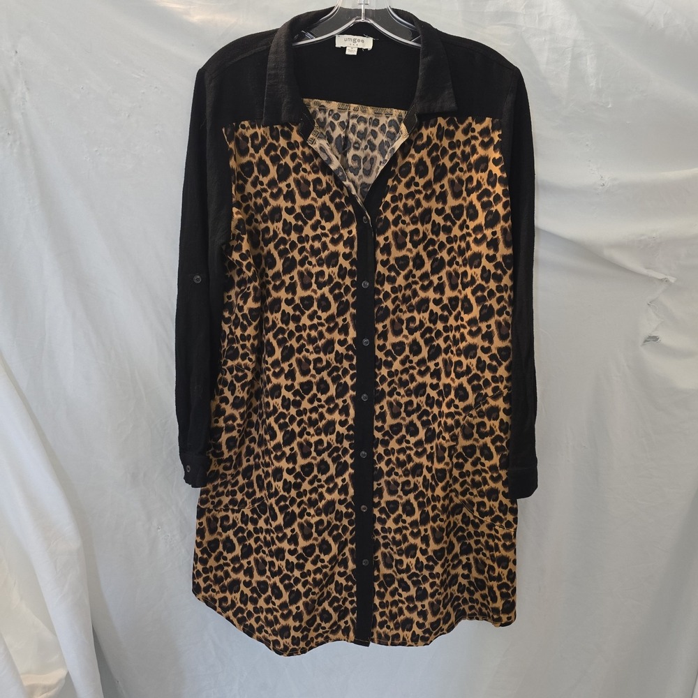 Umgee Leopard Print Linen Blend Button Front Dress Women's Sz M Long/Roll Sleeve